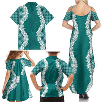 Hawaii Aloha Plumeria Lei Teal Palaka Family Matching Summer Maxi Dress and Hawaiian Shirt - Polynesian Pride