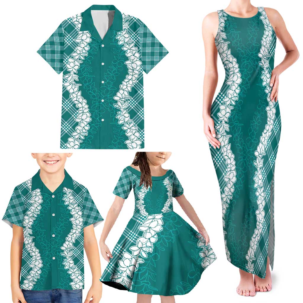 Hawaii Aloha Plumeria Lei Teal Palaka Family Matching Tank Maxi Dress and Hawaiian Shirt - Polynesian Pride