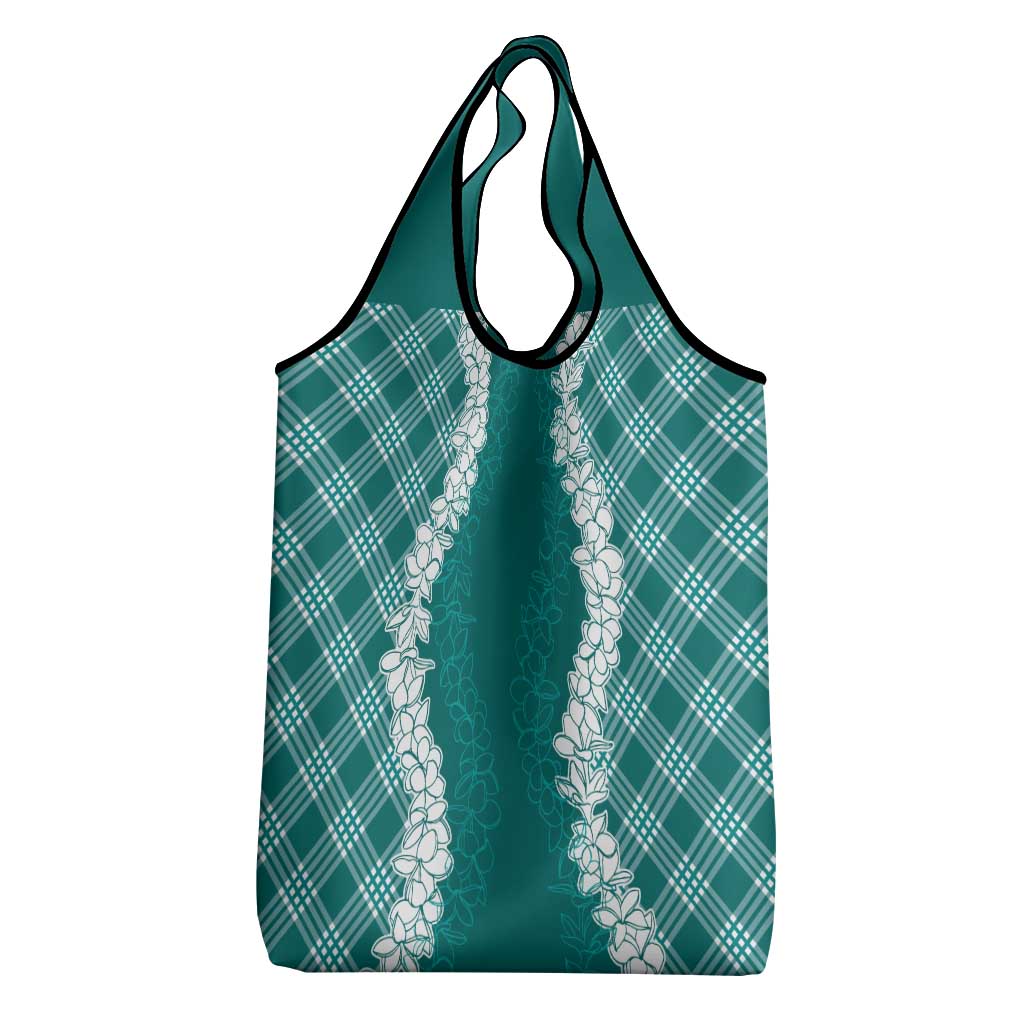 Hawaii Aloha Plumeria Lei Teal Palaka Grocery Bag - Polynesian Pride