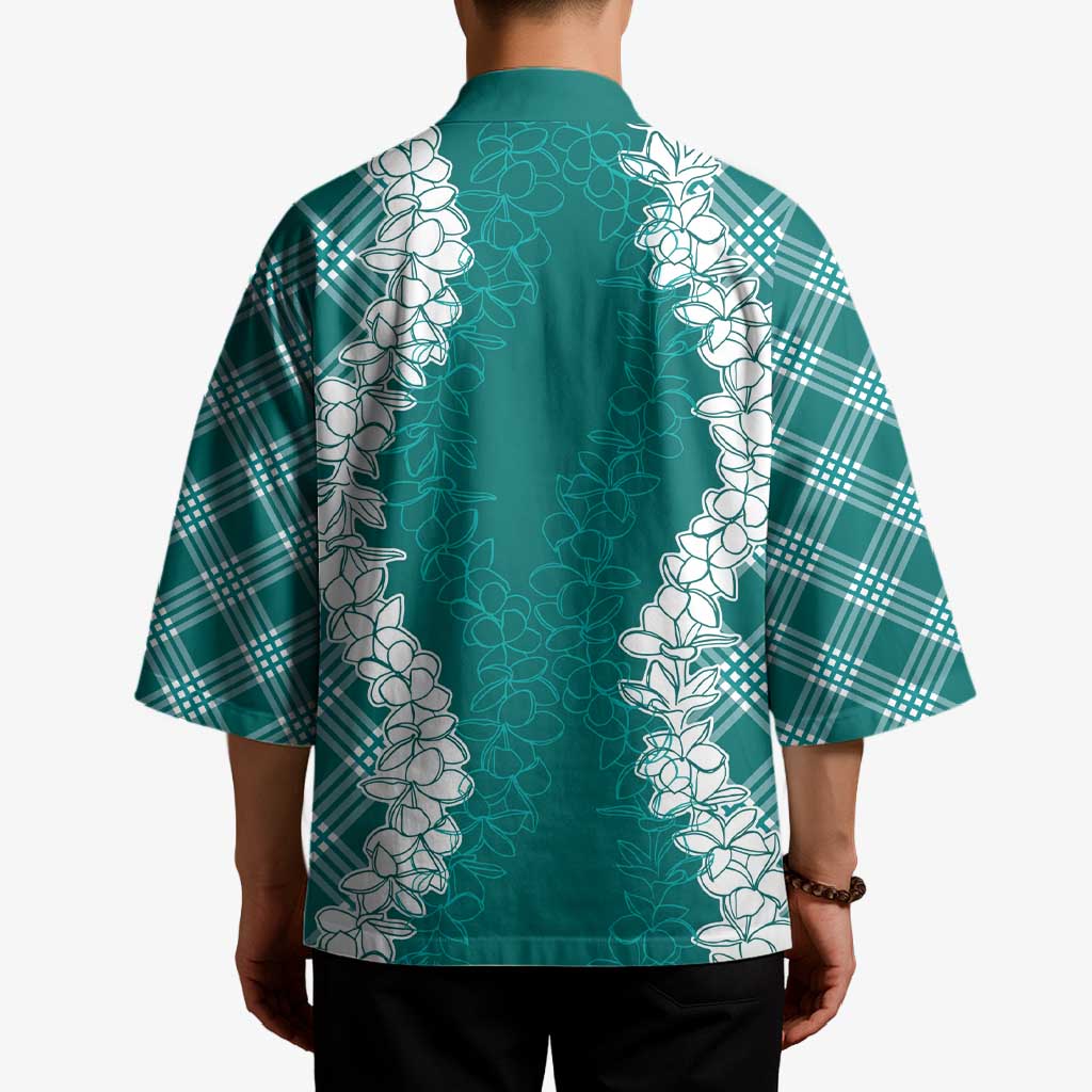 Hawaii Aloha Plumeria Lei Teal Palaka Kimono - Polynesian Pride