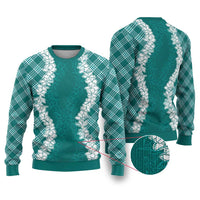 Hawaii Aloha Plumeria Lei Teal Palaka Ugly Christmas Sweater - Polynesian Pride
