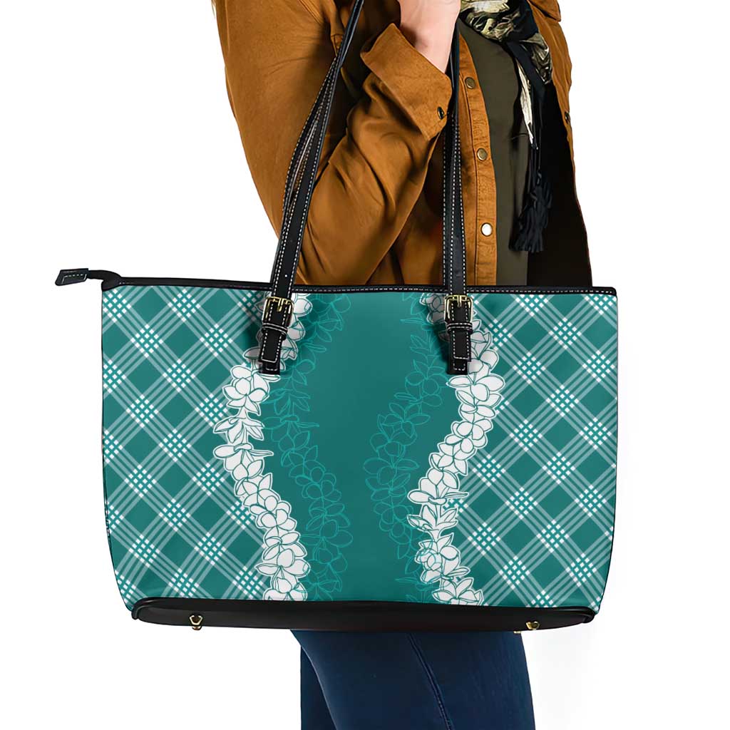 Hawaii Aloha Plumeria Lei Teal Palaka Leather Tote Bag - Polynesian Pride