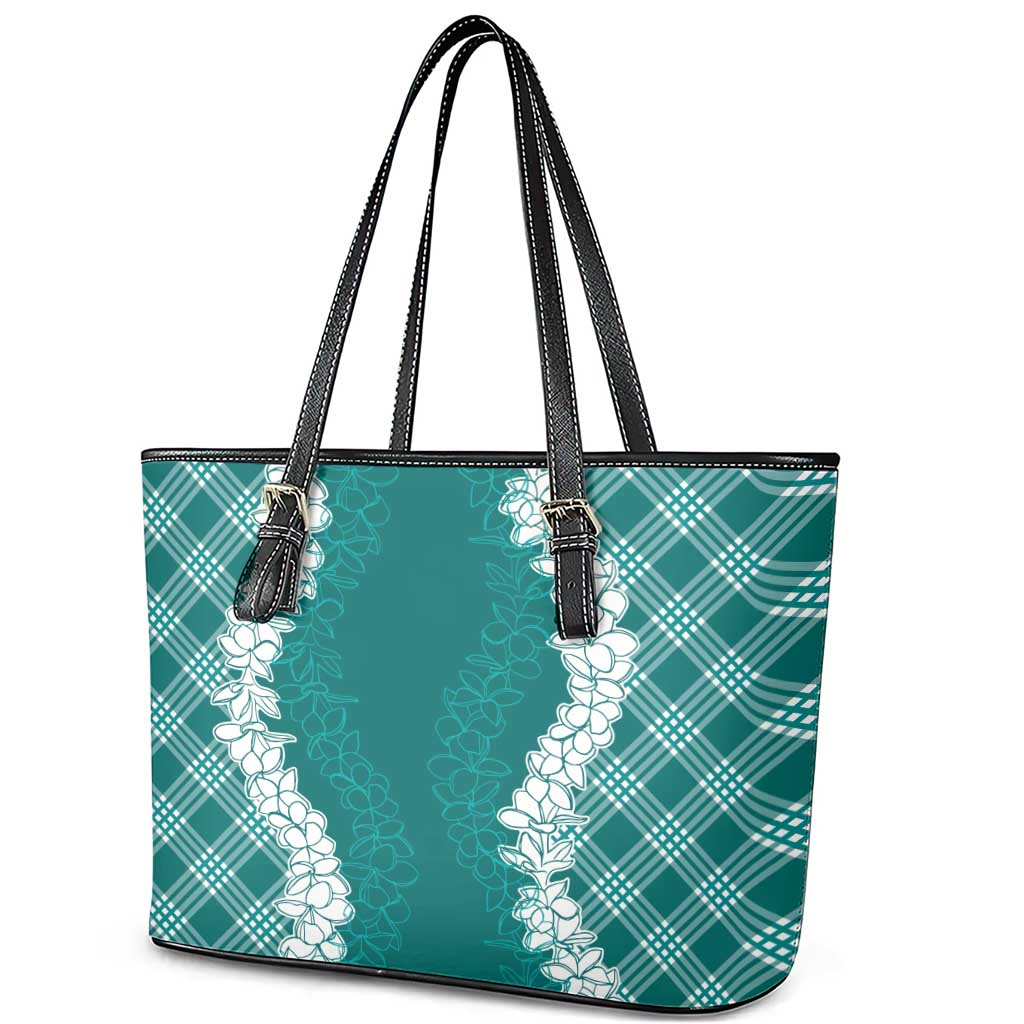 Hawaii Aloha Plumeria Lei Teal Palaka Leather Tote Bag - Polynesian Pride