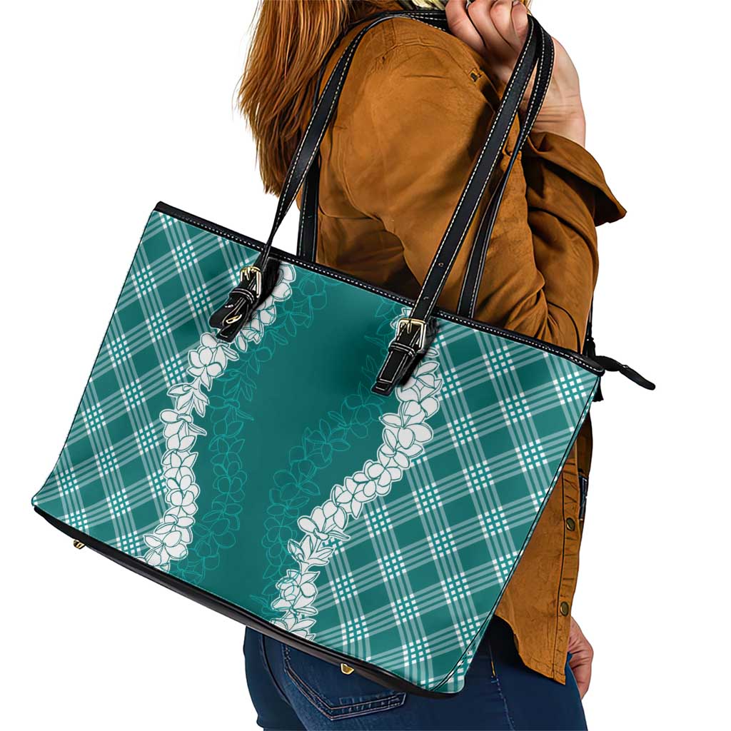 Hawaii Aloha Plumeria Lei Teal Palaka Leather Tote Bag - Polynesian Pride