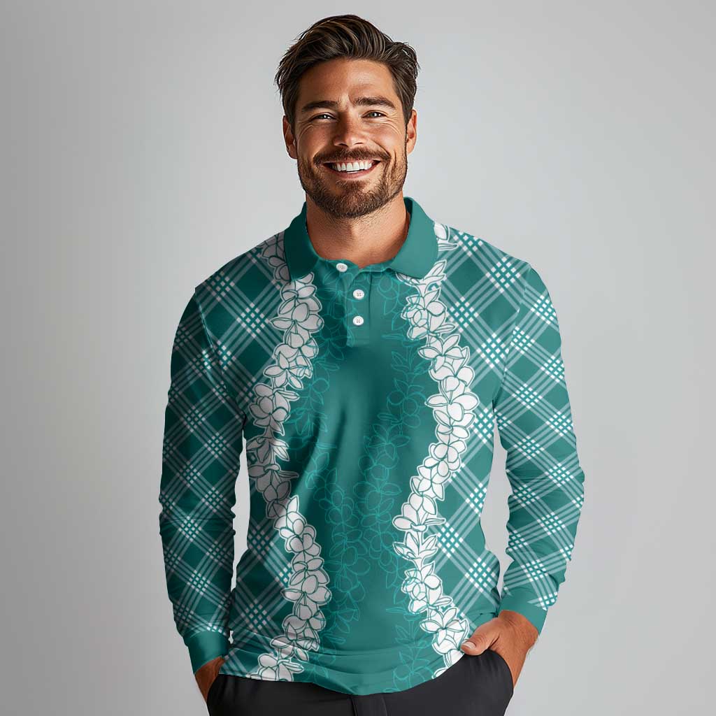 Hawaii Aloha Plumeria Lei Teal Palaka Long Sleeve Polo Shirt - Polynesian Pride