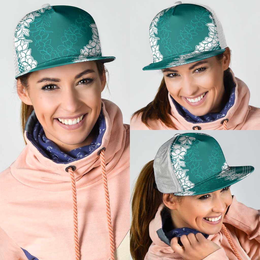 Hawaii Aloha Plumeria Lei Teal Palaka Mesh Trucker Cap - Polynesian Pride