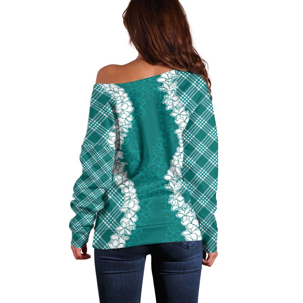 Hawaii Aloha Plumeria Lei Teal Palaka Off Shoulder Sweater - Polynesian Pride
