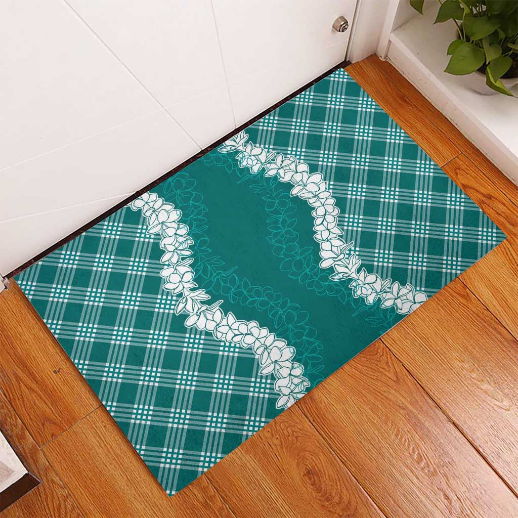 Hawaii Aloha Plumeria Lei Teal Palaka Rubber Doormat - Polynesian Pride