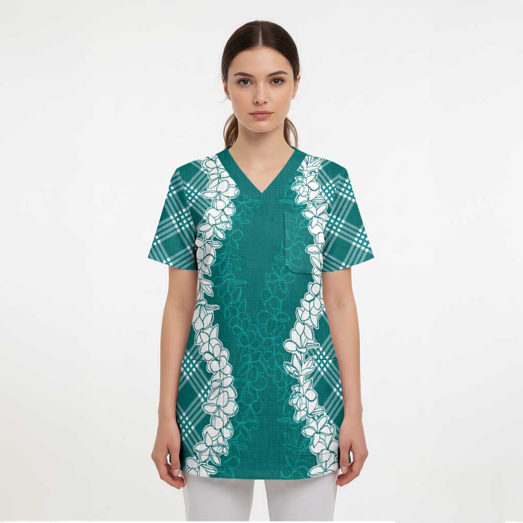 Hawaii Aloha Plumeria Lei Teal Palaka Scrub Top - Polynesian Pride