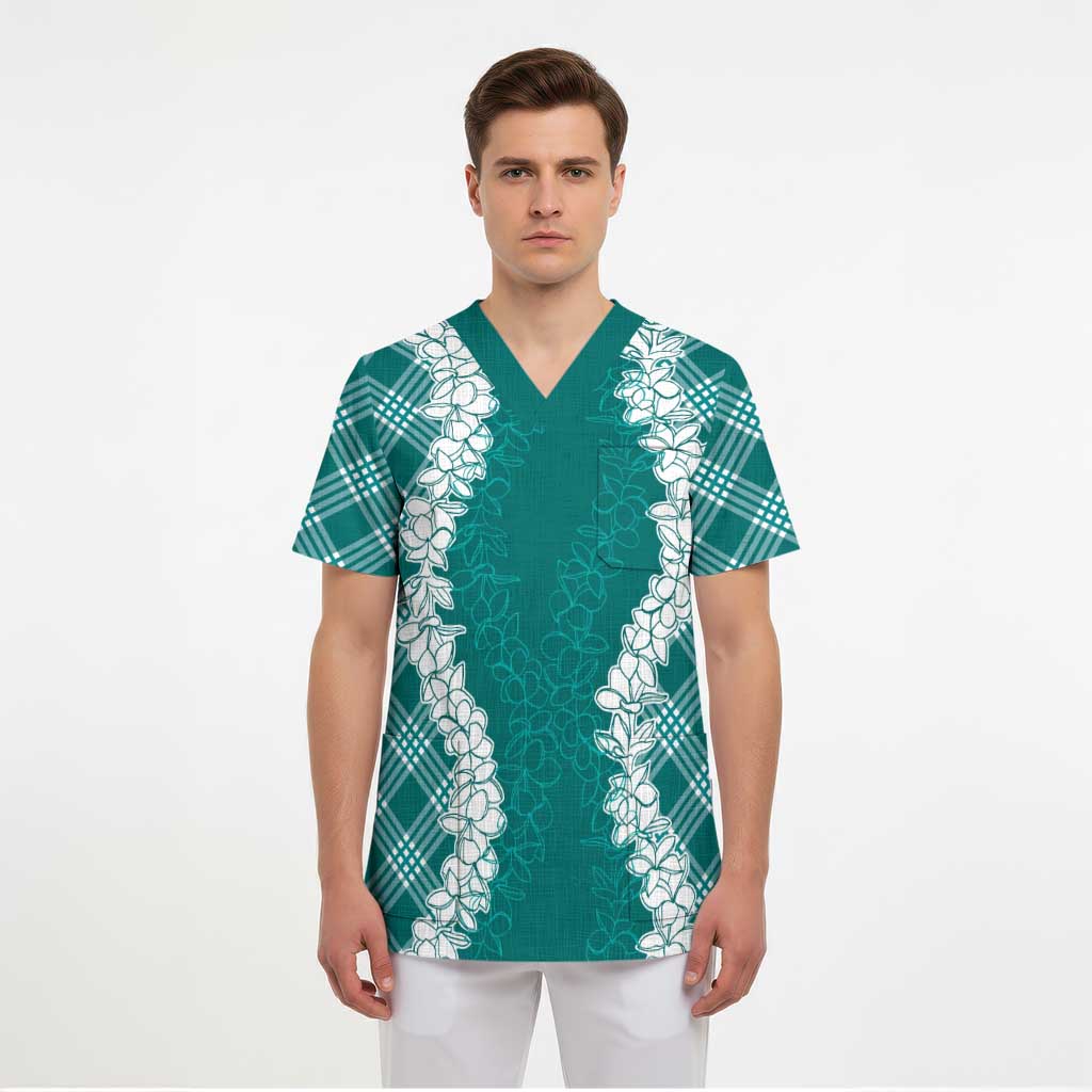 Hawaii Aloha Plumeria Lei Teal Palaka Scrub Top - Polynesian Pride