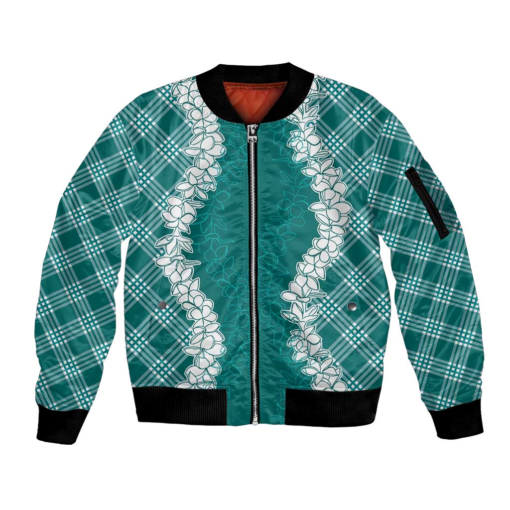 Hawaii Aloha Plumeria Lei Teal Palaka Sleeve Zip Bomber Jacket - Polynesian Pride
