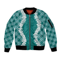 Hawaii Aloha Plumeria Lei Teal Palaka Sleeve Zip Bomber Jacket LT7 Unisex Teal - Polynesian Pride