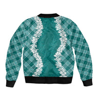 Hawaii Aloha Plumeria Lei Teal Palaka Sleeve Zip Bomber Jacket LT7 - Polynesian Pride