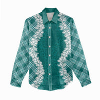 Hawaii Aloha Plumeria Lei Teal Palaka Women Casual Shirt - Polynesian Pride