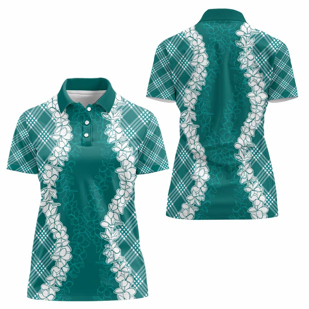 Hawaii Aloha Plumeria Lei Teal Palaka Women Polo Shirt - Polynesian Pride