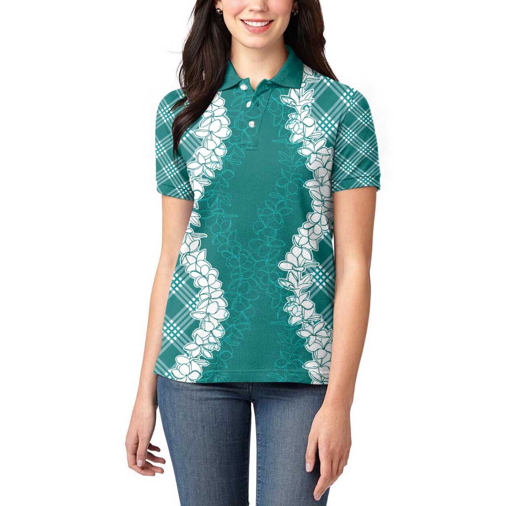 Hawaii Aloha Plumeria Lei Teal Palaka Women Polo Shirt - Polynesian Pride