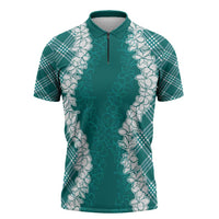 Hawaii Aloha Plumeria Lei Teal Palaka Zipper Polo Shirt - Polynesian Pride