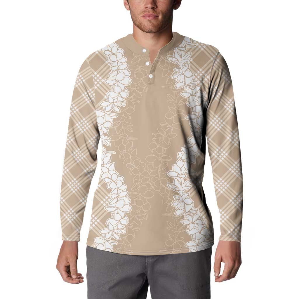 Hawaii Aloha Plumeria Lei Beige Palaka Button Sweatshirt - Polynesian Pride