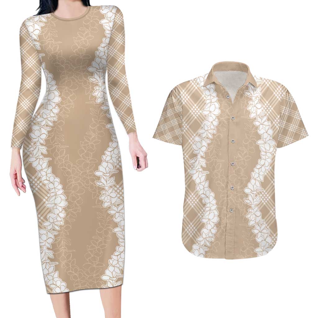 Hawaii Aloha Plumeria Lei Beige Palaka Couples Matching Long Sleeve Bodycon Dress and Hawaiian Shirt - Polynesian Pride