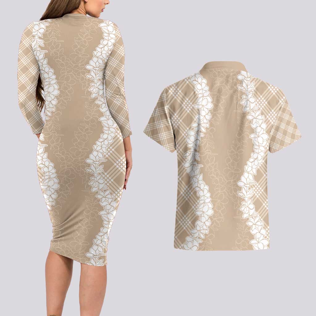 Hawaii Aloha Plumeria Lei Beige Palaka Couples Matching Long Sleeve Bodycon Dress and Hawaiian Shirt - Polynesian Pride