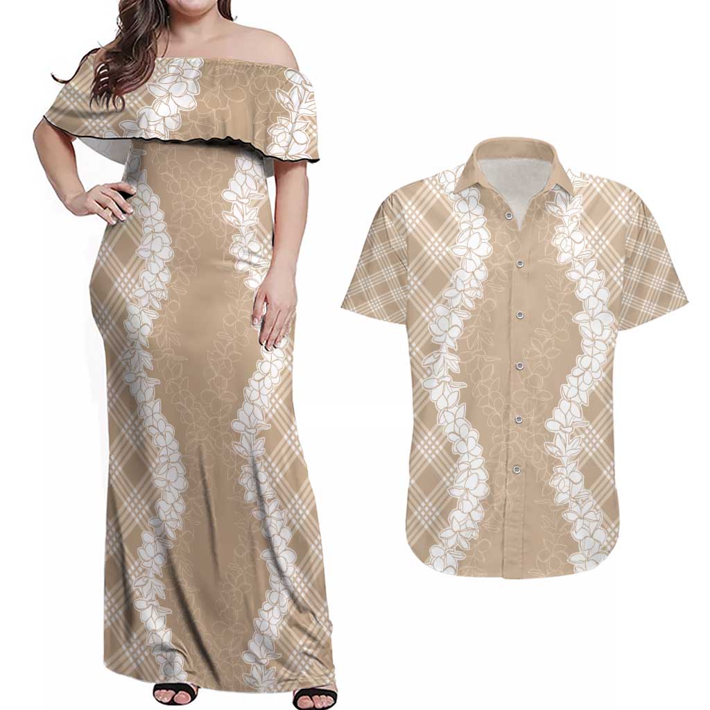 Hawaii Aloha Plumeria Lei Beige Palaka Couples Matching Off Shoulder Maxi Dress and Hawaiian Shirt - Polynesian Pride