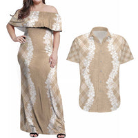 Hawaii Aloha Plumeria Lei Beige Palaka Couples Matching Off Shoulder Maxi Dress and Hawaiian Shirt - Polynesian Pride