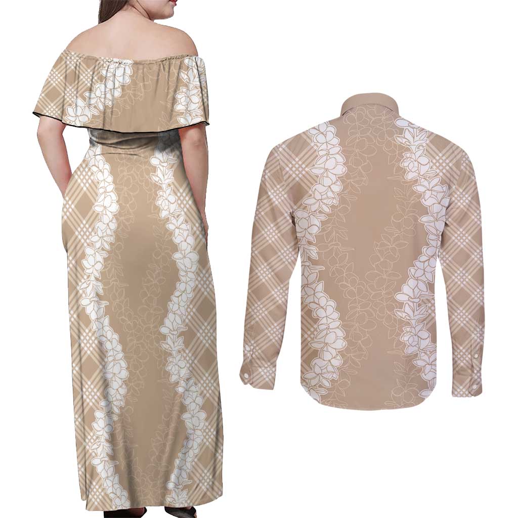 Hawaii Aloha Plumeria Lei Beige Palaka Couples Matching Off Shoulder Maxi Dress and Long Sleeve Button Shirt - Polynesian Pride