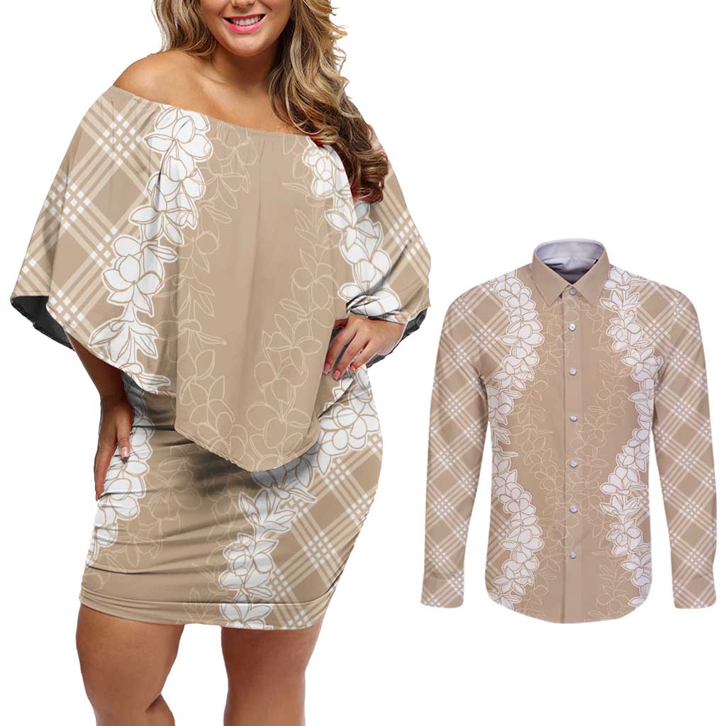 Hawaii Aloha Plumeria Lei Beige Palaka Couples Matching Off Shoulder Short Dress and Long Sleeve Button Shirt - Polynesian Pride