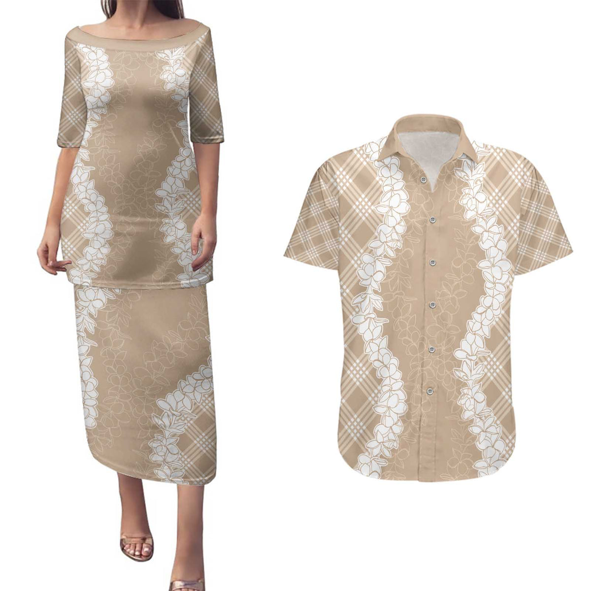 Hawaii Aloha Plumeria Lei Beige Palaka Couples Matching Puletasi and Hawaiian Shirt - Polynesian Pride