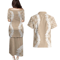 Hawaii Aloha Plumeria Lei Beige Palaka Couples Matching Puletasi and Hawaiian Shirt - Polynesian Pride