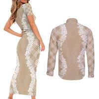Hawaii Aloha Plumeria Lei Beige Palaka Couples Matching Short Sleeve Bodycon Dress and Long Sleeve Button Shirt - Polynesian Pride