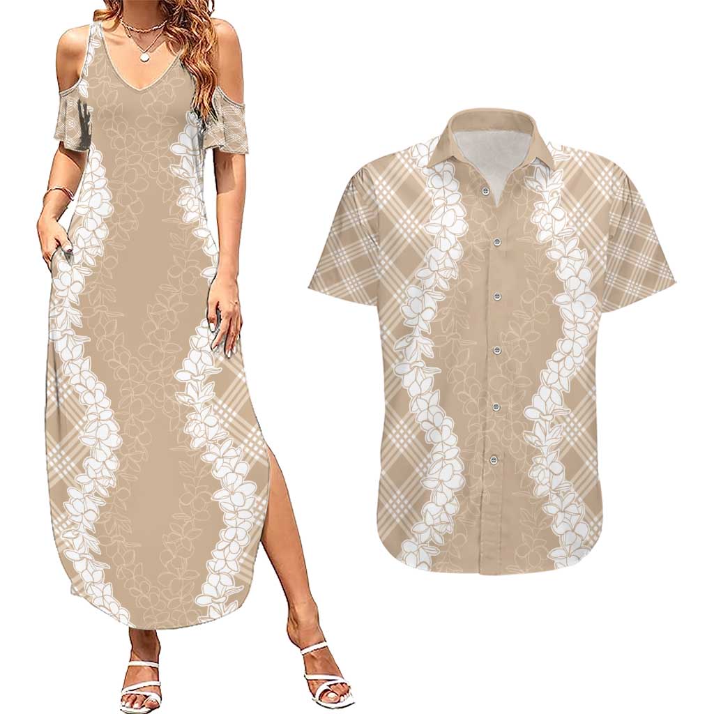 Hawaii Aloha Plumeria Lei Beige Palaka Couples Matching Summer Maxi Dress and Hawaiian Shirt - Polynesian Pride