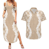 Hawaii Aloha Plumeria Lei Beige Palaka Couples Matching Summer Maxi Dress and Hawaiian Shirt - Polynesian Pride