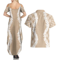 Hawaii Aloha Plumeria Lei Beige Palaka Couples Matching Summer Maxi Dress and Hawaiian Shirt - Polynesian Pride