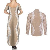 Hawaii Aloha Plumeria Lei Beige Palaka Couples Matching Summer Maxi Dress and Long Sleeve Button Shirt - Polynesian Pride