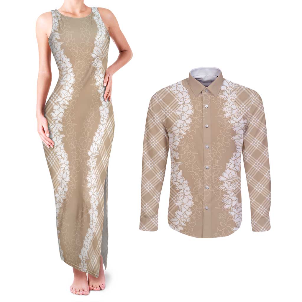 Hawaii Aloha Plumeria Lei Beige Palaka Couples Matching Tank Maxi Dress and Long Sleeve Button Shirt - Polynesian Pride