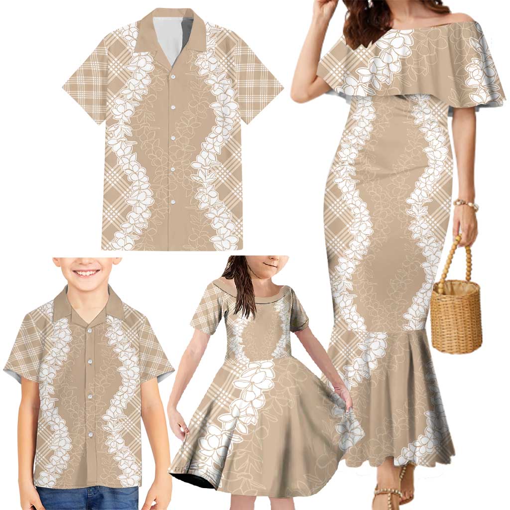 Hawaii Aloha Plumeria Lei Beige Palaka Family Matching Mermaid Dress and Hawaiian Shirt - Polynesian Pride
