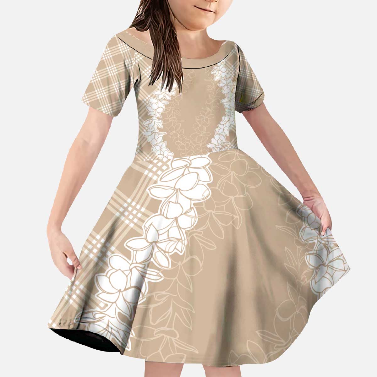 Hawaii Aloha Plumeria Lei Beige Palaka Family Matching Off The Shoulder Long Sleeve Dress and Hawaiian Shirt - Polynesian Pride