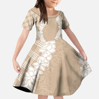 Hawaii Aloha Plumeria Lei Beige Palaka Family Matching Off The Shoulder Long Sleeve Dress and Hawaiian Shirt - Polynesian Pride