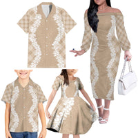 Hawaii Aloha Plumeria Lei Beige Palaka Family Matching Off The Shoulder Long Sleeve Dress and Hawaiian Shirt - Polynesian Pride