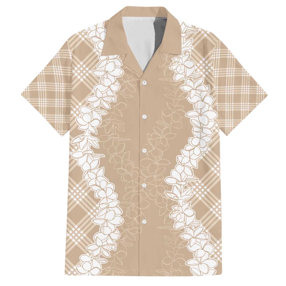 Hawaii Aloha Plumeria Lei Beige Palaka Family Matching Off The Shoulder Long Sleeve Dress and Hawaiian Shirt - Polynesian Pride