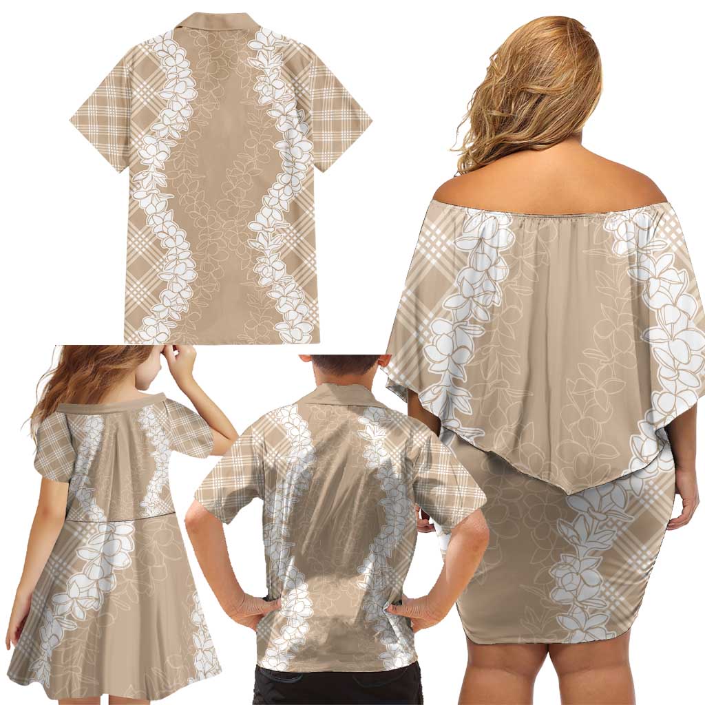 Hawaii Aloha Plumeria Lei Beige Palaka Family Matching Off Shoulder Short Dress and Hawaiian Shirt - Polynesian Pride