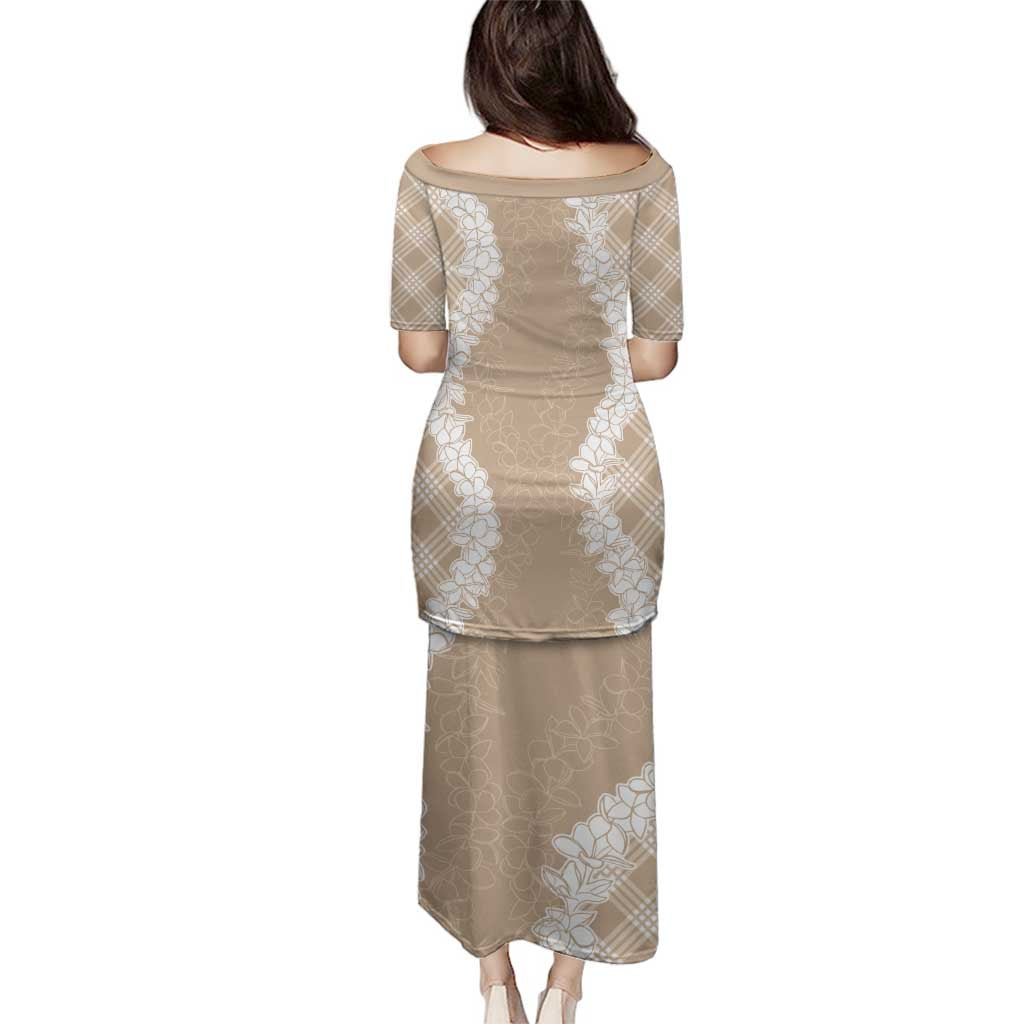 Hawaii Aloha Plumeria Lei Beige Palaka Family Matching Puletasi and Hawaiian Shirt - Polynesian Pride