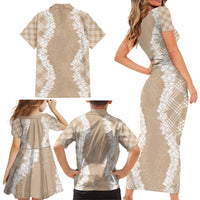 Hawaii Aloha Plumeria Lei Beige Palaka Family Matching Short Sleeve Bodycon Dress and Hawaiian Shirt - Polynesian Pride