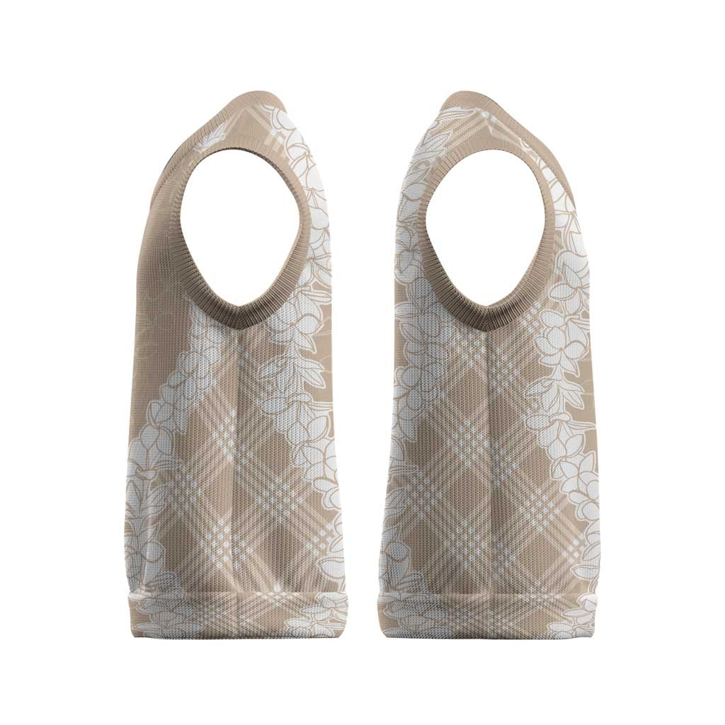 Hawaii Aloha Plumeria Lei Beige Palaka Christmas Knitted V-Neck Vest - Polynesian Pride