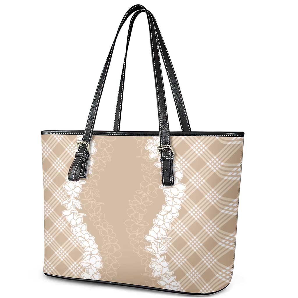 Hawaii Aloha Plumeria Lei Beige Palaka Leather Tote Bag - Polynesian Pride