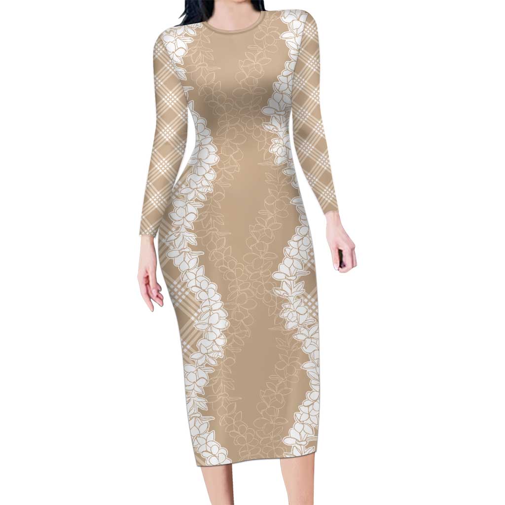 Hawaii Aloha Plumeria Lei Beige Palaka Long Sleeve Bodycon Dress - Polynesian Pride