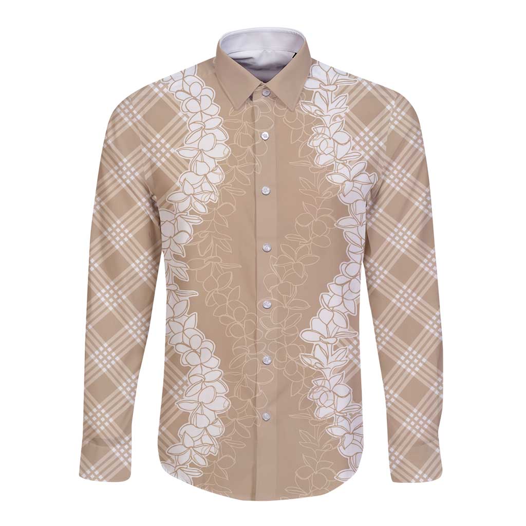Hawaii Aloha Plumeria Lei Beige Palaka Long Sleeve Button Shirt - Polynesian Pride