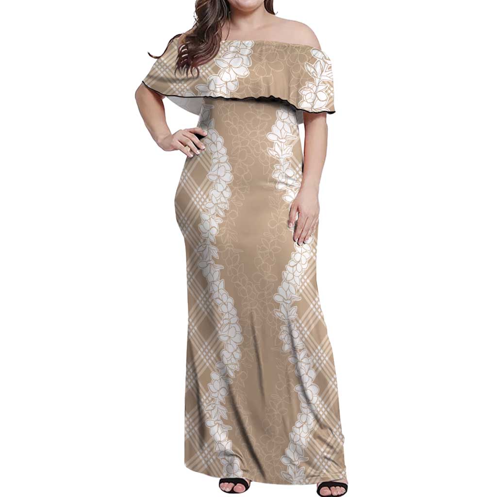 Hawaii Aloha Plumeria Lei Beige Palaka Off Shoulder Maxi Dress - Polynesian Pride