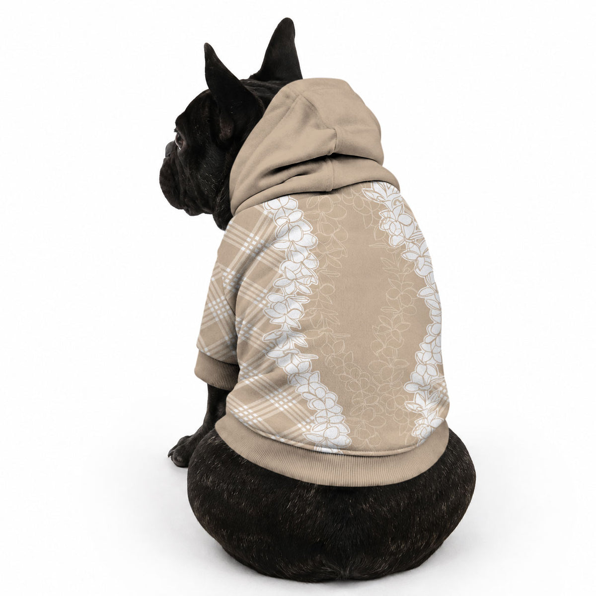 Hawaii Aloha Plumeria Lei Beige Palaka Pet Hoodie